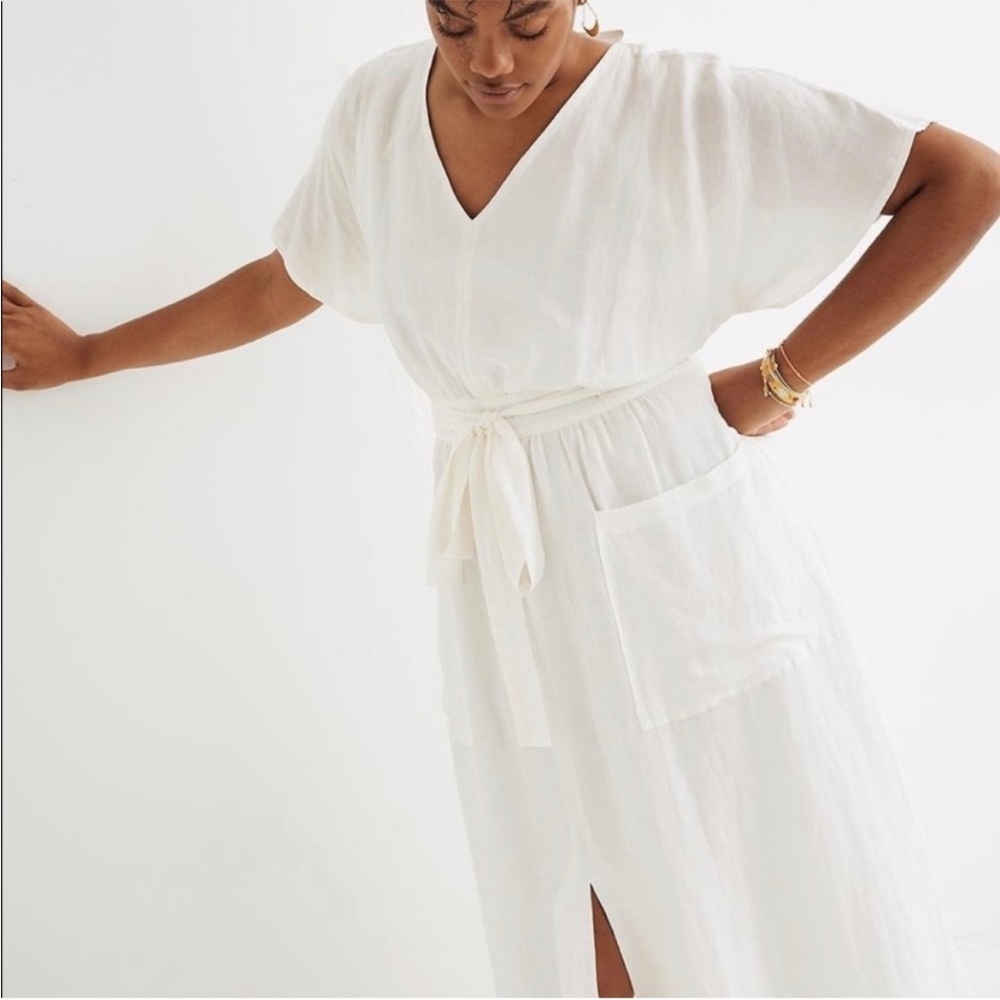 Madewell, white Linen-Blend Dolman-Sleeve Tie-Waist Midi Dress, Size 18